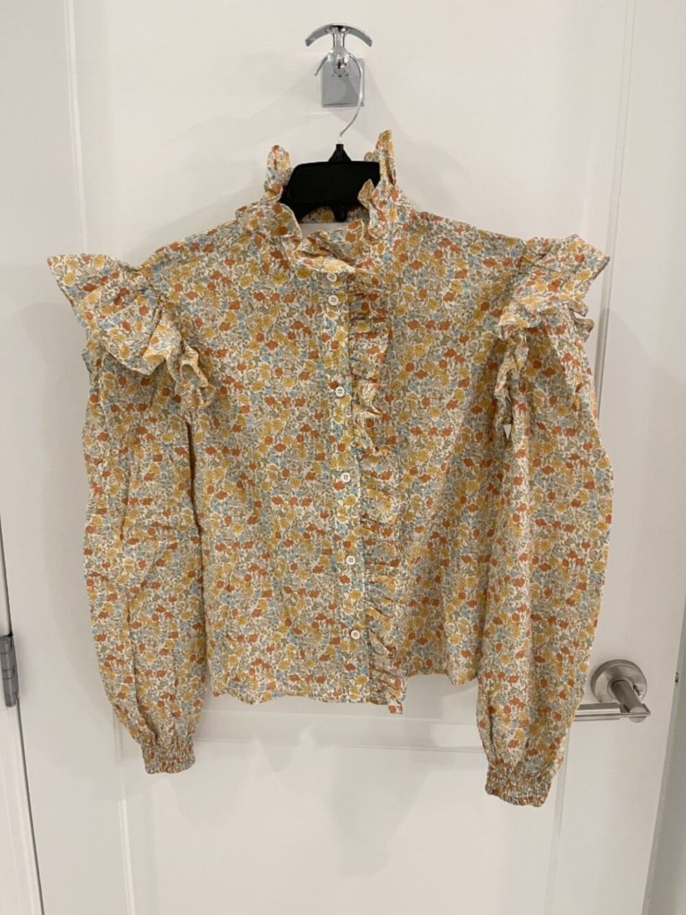 Naya Rea Floral Cottagecore Ruffle Yellow Puff Sleeve Smocked Shirt Blouse Cotto